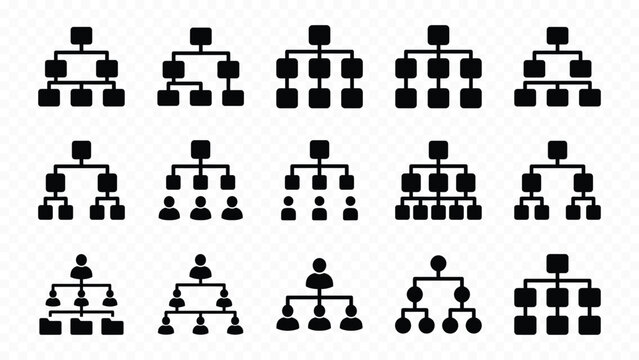 Solid black icon set of corporate organization chart hierarchy and business team leadership structure