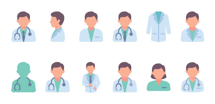 This vector illustration showcases a diverse collection of flat design medical professional avatars, including doctors and nurses, wearing lab coats and stethoscopes, ideal for healthcare applications