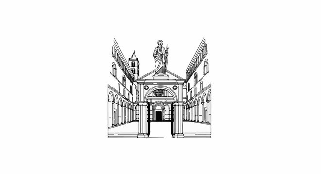 Ornate, classical building facade with arched colonnades and a central statue