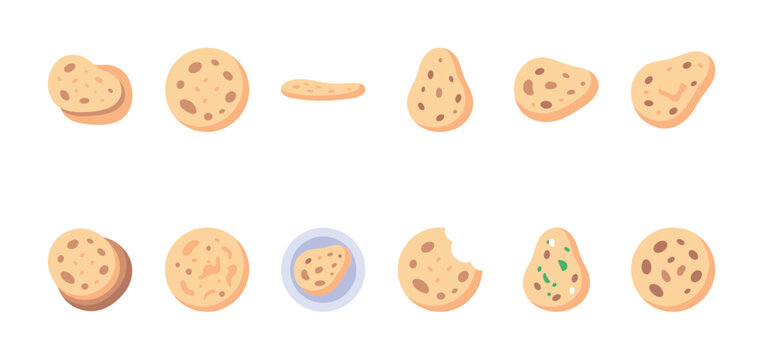 A collection of stylized flatbread slices in various shapes and sizes, with some featuring holes and one with a bite mark.