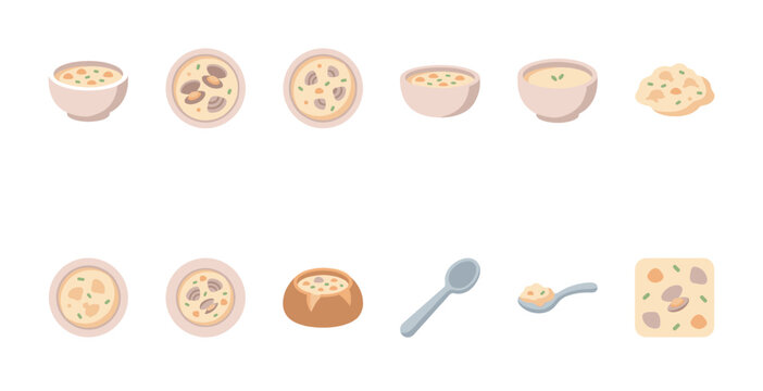 A collection of flat illustration icons featuring creamy soup in bowls, a bread bowl, spoons, and a square of soup, perfect for food-related designs.