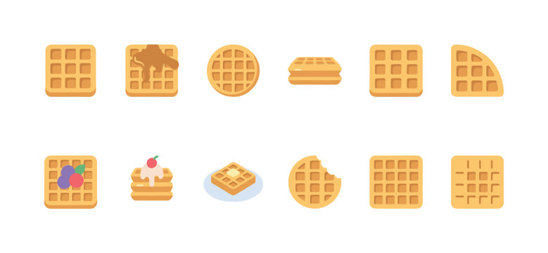 A collection of flat design waffle icons in various styles, including whole, sliced, and topped with syrup, fruit, and cream, perfect for digital and print projects.