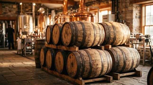 Oak barrels arranged on pallets within production brewery room