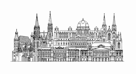 Fototapeta premium Ornate architectural panorama of historical European city buildings in black and white