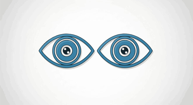Two stylized blue eyes with black pupils and white dots look forward