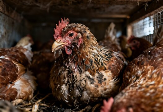 chicken inside a wooden nesting box &mdash; its feathers appear ruffled and partly missing, with a pale comb and wattles. 