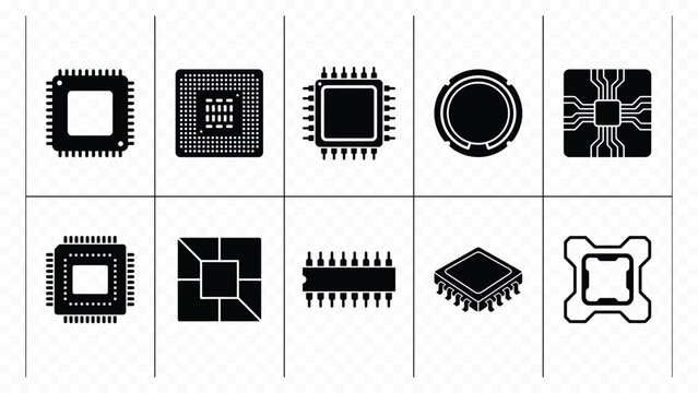 Solid black icon set of computer CPU microchips and electronic processors for semiconductor technology