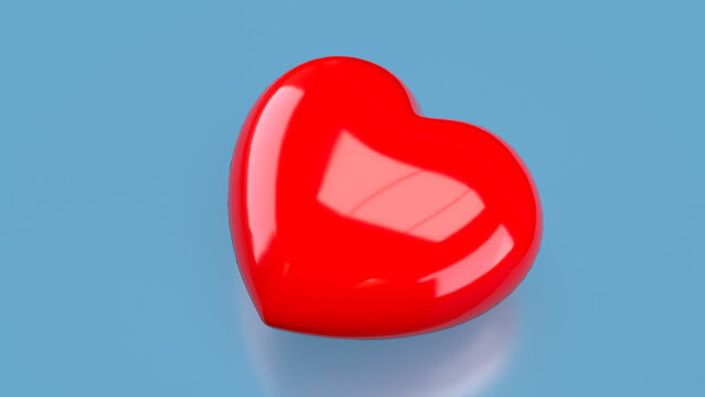 Glossy Red Heart Symbol on Soft Blue Background Minimal Concept 3d render.