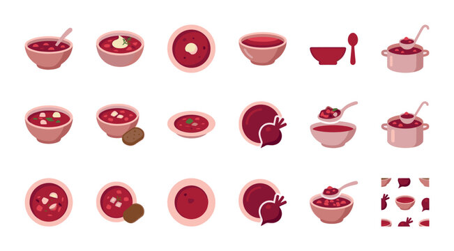 A collection of flat design icons and elements featuring beet soup, borsch, and related ingredients like beets and bread.