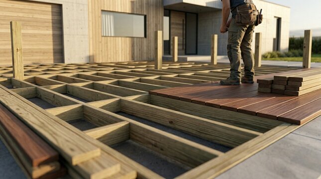 Low angle shot of a wooden deck construction and structure in backyard