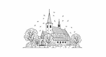 Fototapeta premium Black and white sketch of a church with autumn leaves falling