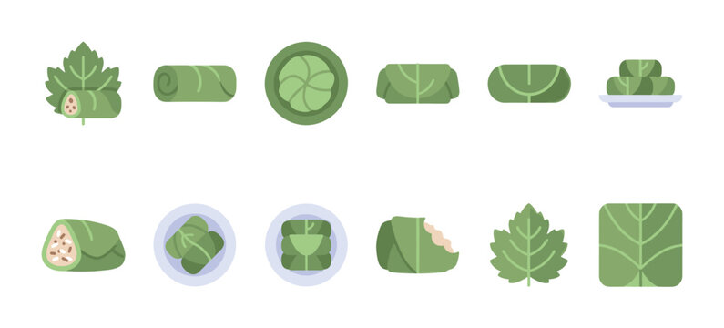Collection of flat design icons showcasing various views and preparations of stuffed grape leaves, or dolmades, on a white background.