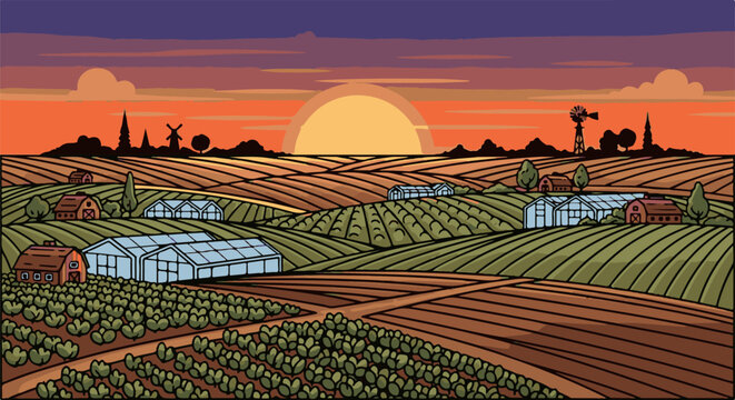 Pixel art farm with greenhouses, fields, and barns at sunset