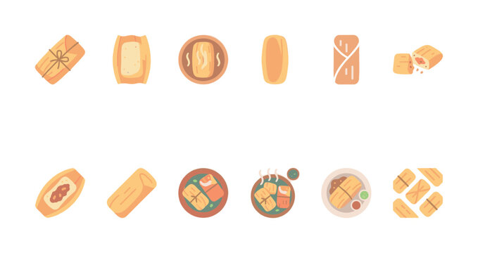 A collection of flat design illustrations featuring various tamale dishes and ingredients, presented on a clean white background.