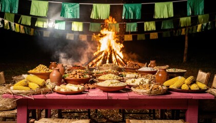 Obraz premium Traditional food on a rustic pink wooden table at a night festival for cultural celebrations, ethnic food marketing and harvest season events with a large bonfire