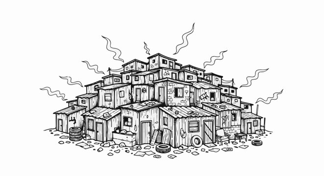 Drawing of a densely packed, multi-layered cluster of makeshift dwellings