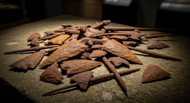 Pile of Rusty Ancient Arrowheads and Artifacts