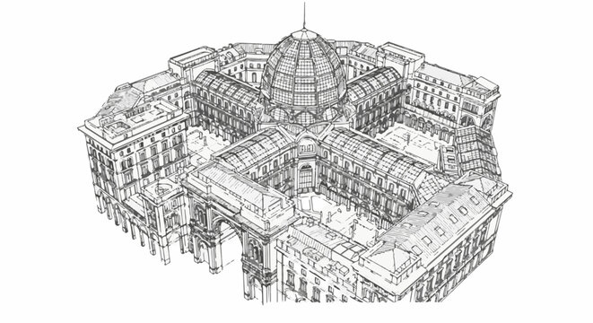 Ornate architectural drawing of a domed building with arcades and surrounding structures