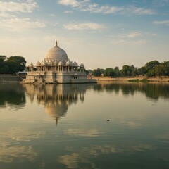 Obraz premium Ancient stone temple dome reflected in the calm green water of a river for cultural heritage tourism, travel guide editorial and spiritual meditation background