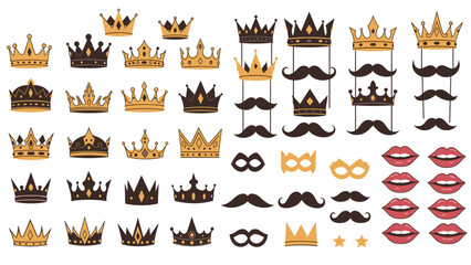 Fototapeta premium Large set of party photo booth props including crowns, mustaches, lips, and masks in various colors and styles.