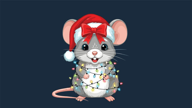 Adorable little grey mouse wearing a red Santa hat is wrapped in colorful glowing Christmas lights for the holiday season celebration.