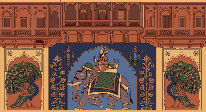 Ornate Indian palace facade with royal elephant procession and peacocks