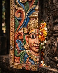 Fototapeta premium Painted wood carving of a traditional deity face on a temple chariot with flower offerings for travel journalism, cultural heritage documentation and religious art