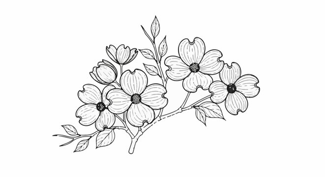 Delicate line drawing of dogwood blossoms on branches with leaves