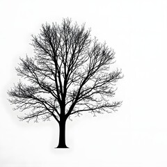Obraz premium Silhouette of a bare tree with intricate branches against a stark white background, emphasizing its delicate winter form.
