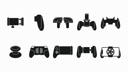Solid black icon set of gaming controllers and console gamepads for video game entertainment and play © Broke Stoke