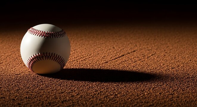 A single white baseball sitting on the brown dirt of a baseball field at night with dramatic lighting. basball