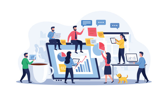 Diverse group of tiny people works around a large digital tablet screen to analyze business data and financial growth charts together.