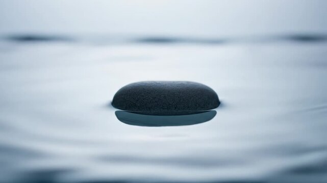 Close-up of a dark, textured oval object floating on the surface of calm, rippling water, cool blue tones, serene mood, peaceful atmosphere