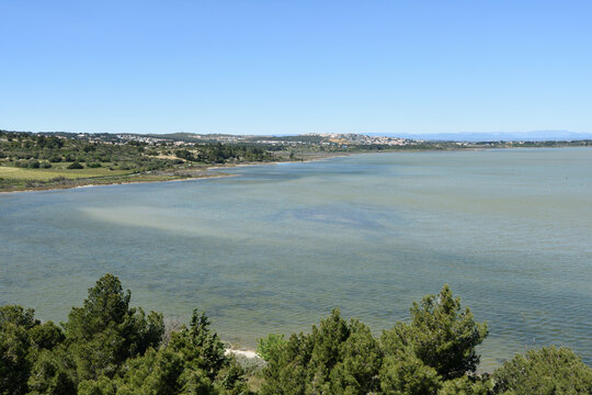 View of the lake from Bages, Aude, France (view of the lake near the church)