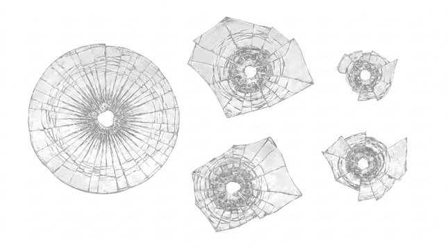 Shattered glass with distinct bullet hole impact patterns and radial cracks on a transparent background.