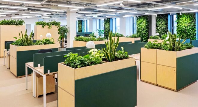 Modern Office Interior Featuring Green Plant Dividers and Natural Light for Workplace Branding Office