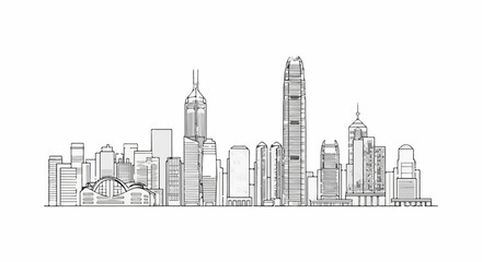 Fototapeta premium A line drawing of a modern city skyline with varied high-rise buildings