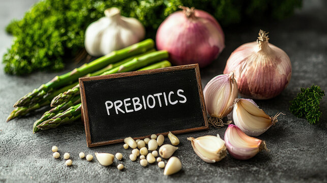Text "PREBIOTICS" on a chalkboard, surrounded by garlic, onion and asparagus