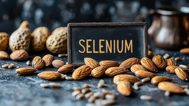 Text "SELENIUM" on a chalkboard, surrounded by Brazil nuts, turkey and sunflower seeds