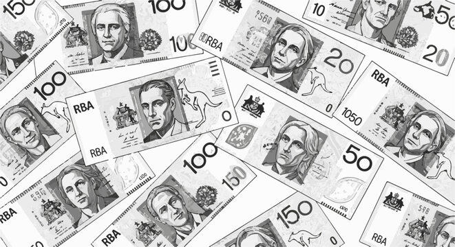 Scatter of Australian banknotes with portraits, kangaroos, and denominations