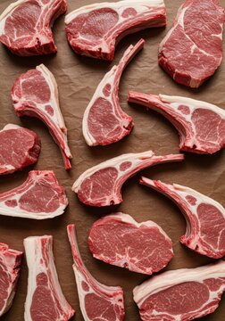 Assorted raw lamb chops and steaks arranged on brown paper for butchery marketing, gourmet cooking editorial and meat shop retail advertisement