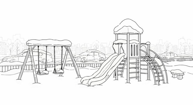 A winter scene depicts a snow-covered playground with swings, a slide, and climbing structure
