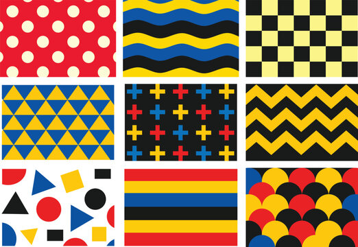 Colorful Geometric Pattern Collection with Polka Dots, Waves, Checkerboard and Abstract Shapes in Bold Modern Style