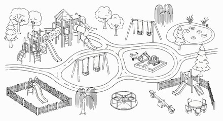 Naklejka premium A whimsical black and white illustration of an outdoor playground with varied structures