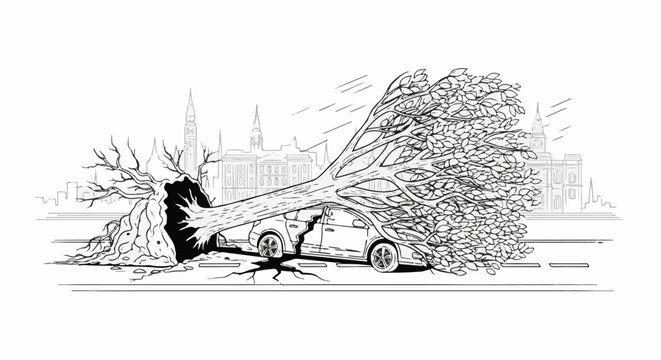 A large tree crashes onto a damaged car on a street in front of buildings