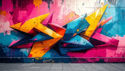 Fototapeta premium A colorful urban graffiti painting on a grunge brick wall texture featuring artistic spray paint designs and yellow street art tags