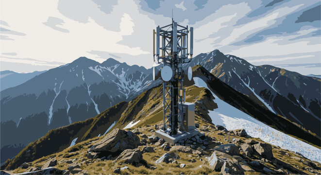 Tower atop a rocky, snow-dusted mountain summit under a cloudy sky