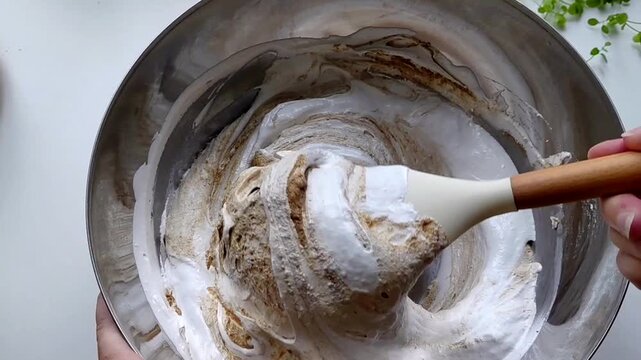 A person kneads the halva ingredients in a bowl with a spatula, preparing it. Various ingredients are visible in the finished mixture. Sunflower halva.