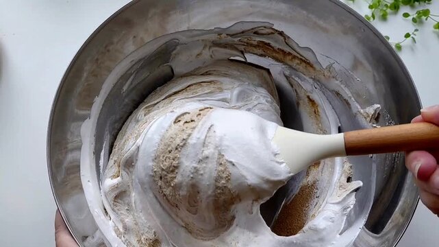 A person kneads the halva ingredients in a bowl with a spatula, preparing it. Various ingredients are visible in the finished mixture. Sunflower halva.