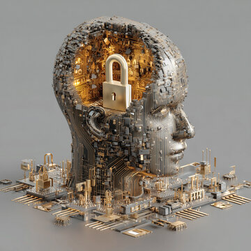 Cabeza futurista de IA que simboliza la ciberseguridad, la protecci&oacute;n de la identidad digital, los datos cifrados y la intersecci&oacute;n entre la mente y la tecnolog&iacute;a. Cabeza met&aacute;lica con patr&oacute;n